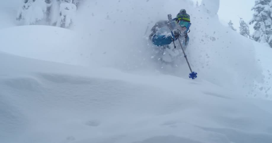Man skis through deep powder in the trees
