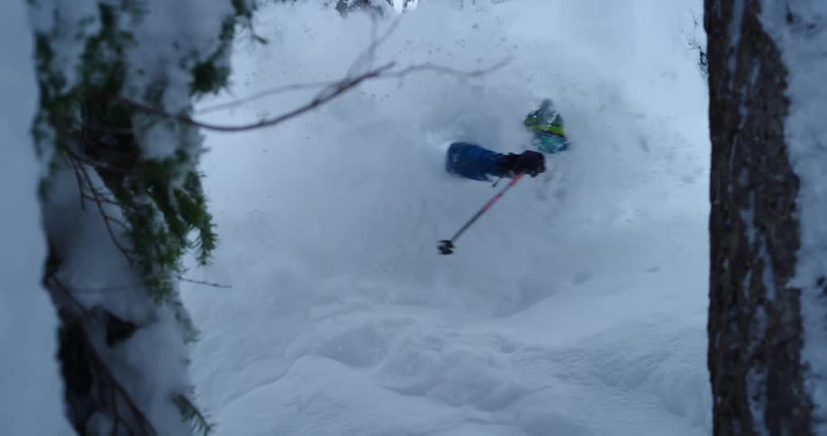 A skier explodes through deep powder in the trees