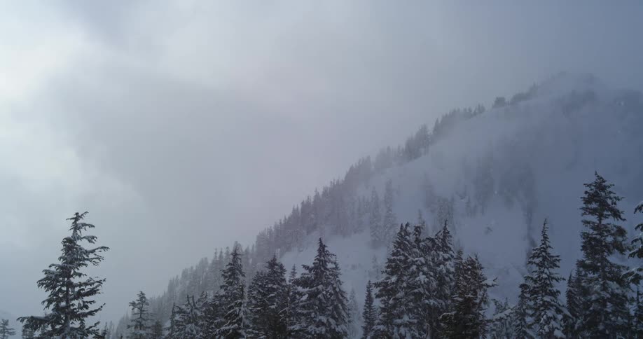 Snow falls over a misty mountain vista