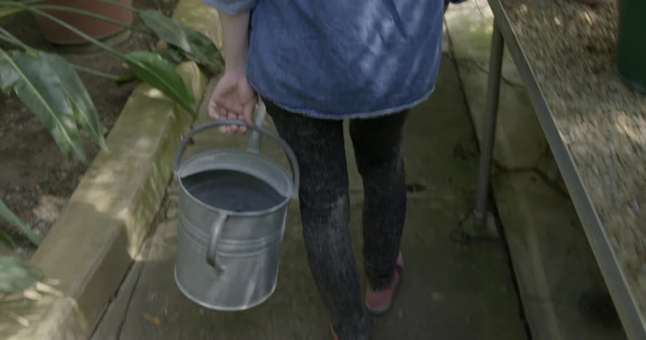 A person walks in a garden carrying a bucket