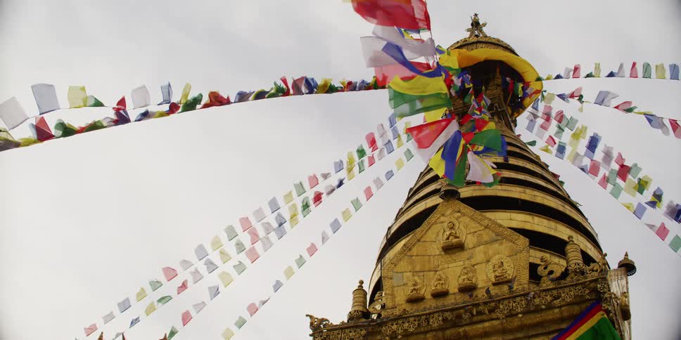 Birds flying and sitting on a tower with flags streaming from it