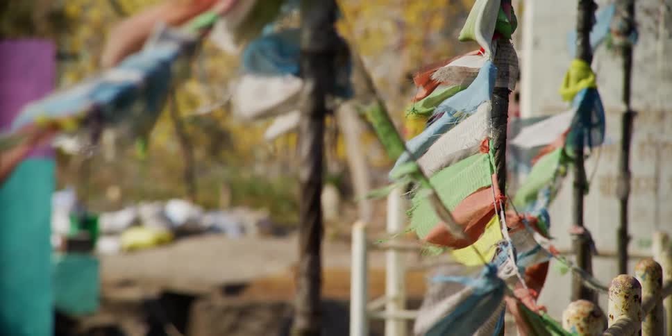 Colorful tibetan prayer flags waving in the wind