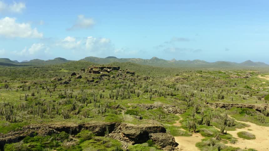 An aerial view of a landscape is displayed