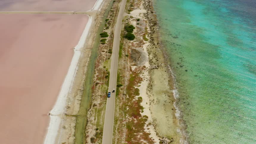 Aerial view of cars driving on a small rural road near the blue and green waters of the ocean