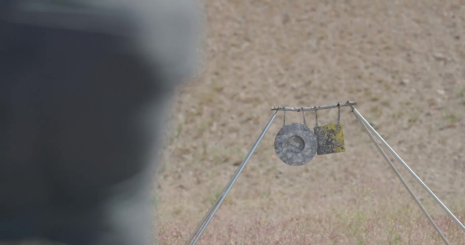 A man fires a handgun at hanging targets in a field