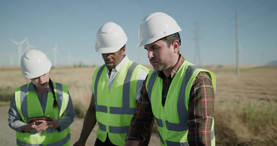 Two men and a woman with hard hats and vests looking at a paper with the sky and wind turbines in the background