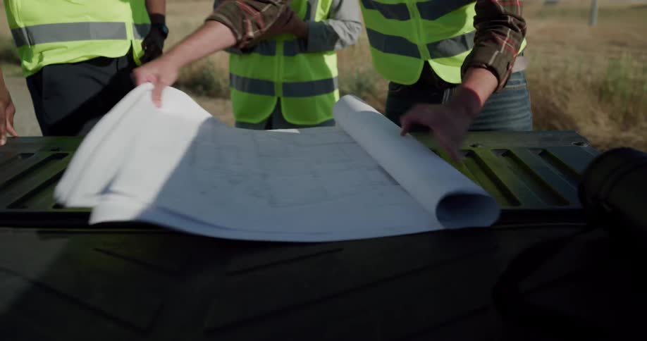 Construction workers wearing hard hats and vests check blueprints on the back of a truck