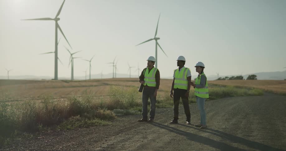 Engineers on job site at a wind farm discussing ideas