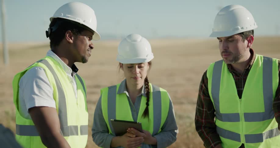 Three coworkers in front of a wind farm look at blueprints in the back of a truck