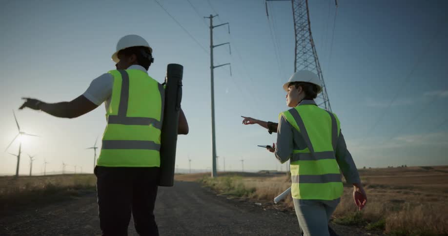 Three construction workers are walking in a rural area