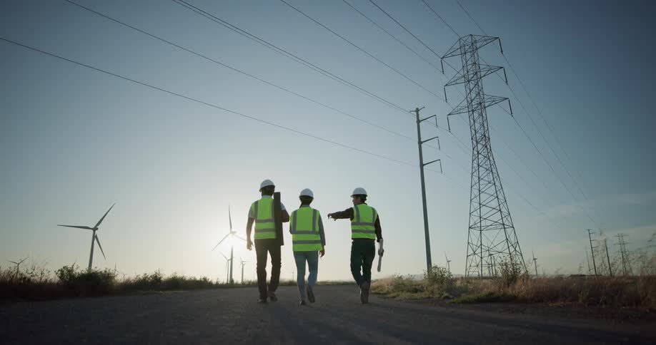 Supervisors wearing white hardhats and green vests walking down a gravel path under transmission towers next to wind turbines at sunset