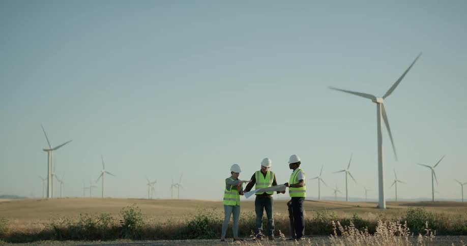 Three construction workers stand in a rural area next to wind turbines