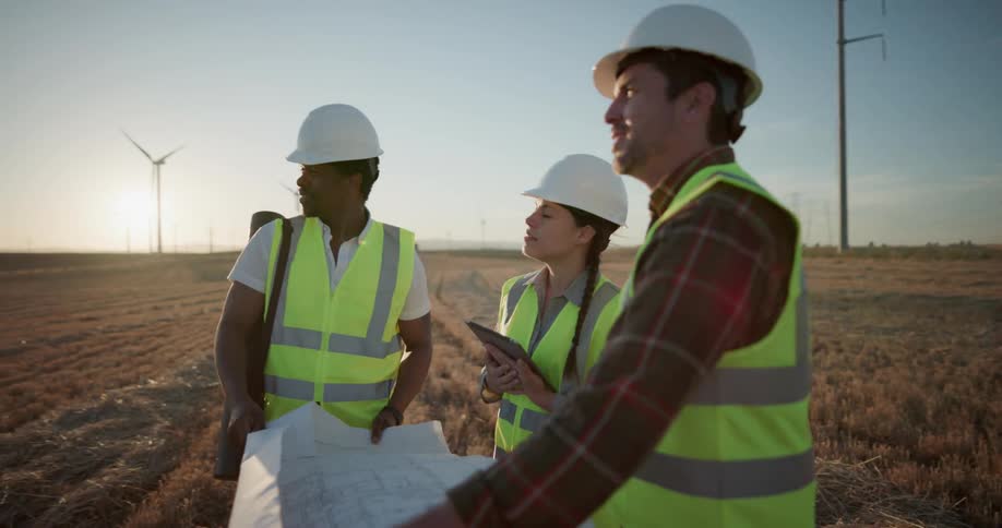 A group of workers review a blueprint as they stand on a wind farm on a sunny day