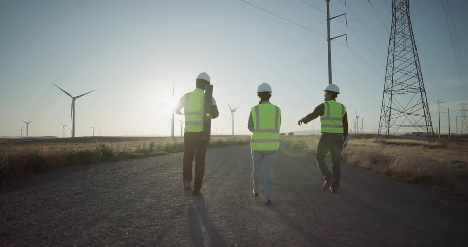 Two men and a woman with hard hats walk along a road by a wind farm carrying blueprints