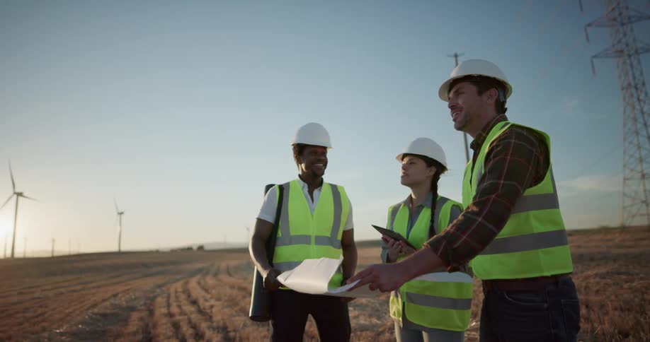 Three coworkers in hard hats and safety vest discuss a project