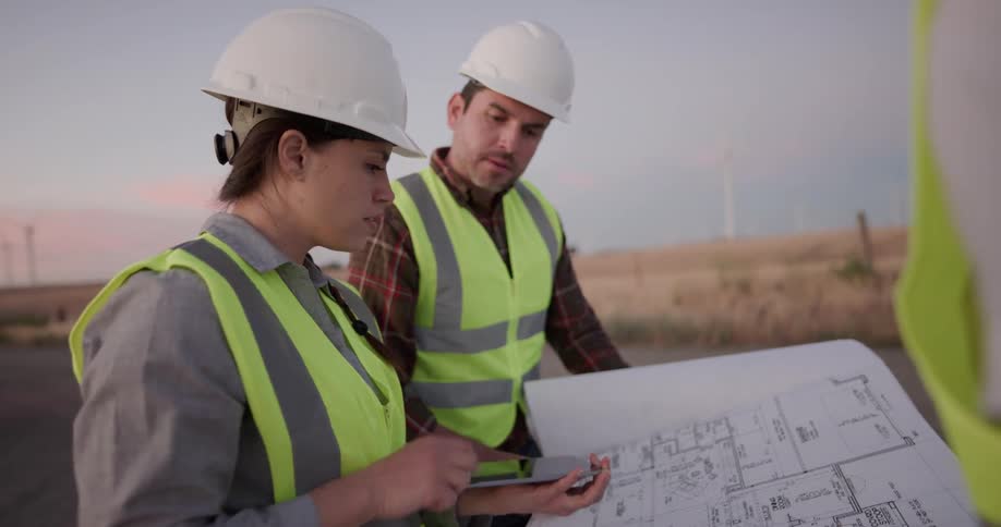 A pair of workers stand on road in a wind farm and discuss a blueprint as one of them taps on a tablet