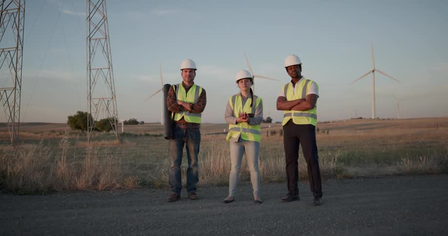 Three employees stand and look across a wind farm