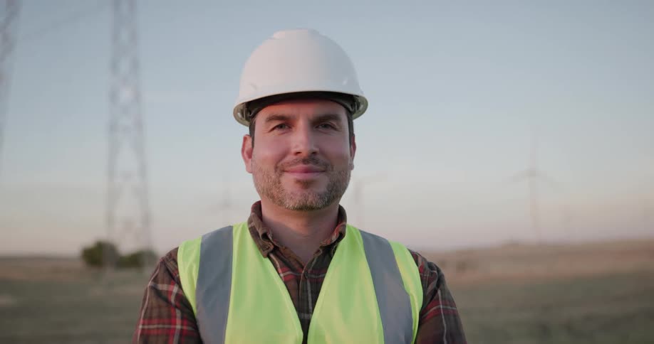 A man on a wind farm smiles for a photo