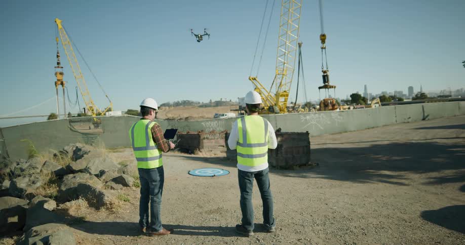 Two construction workers stand in a work site flying a drone overhead