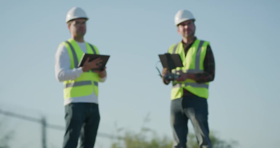 Two men flying a drone wearing high visibility jackets