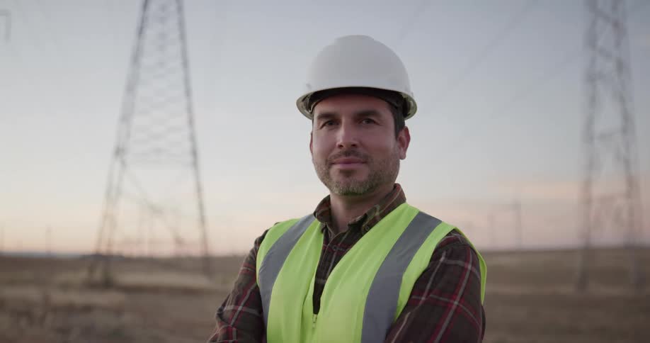 A man in a hard hat and vest stands in front of a field with electrical towers