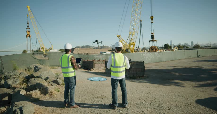 Two men at a construction site stand watching a small flying drone as its controlled by one of them