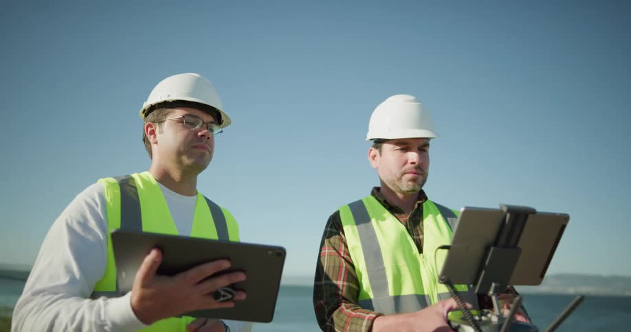 Two men in hard hats standing near ocean view video provided by drone one is manipulating