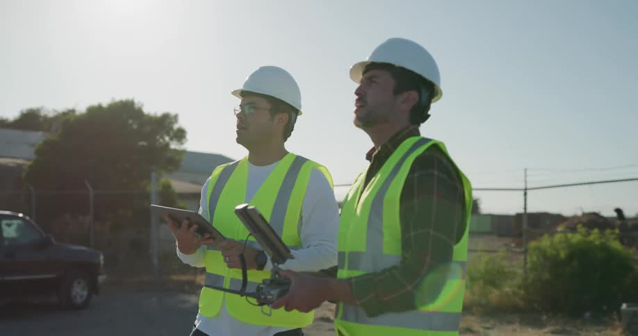 Two men in hard hats and vests stand outside and look at electronic devices and use a tablet