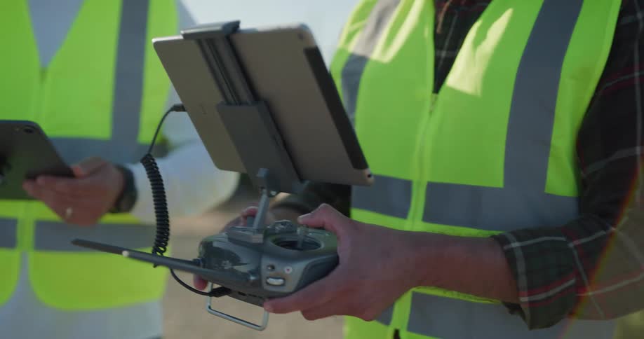 Two construction workers look at tablets