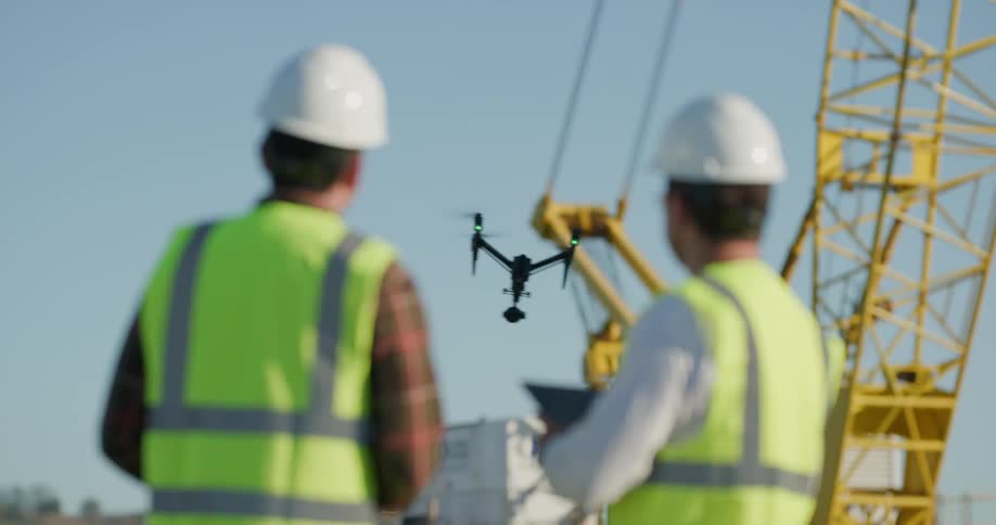 Men wearing hardhats guide drone past large crane