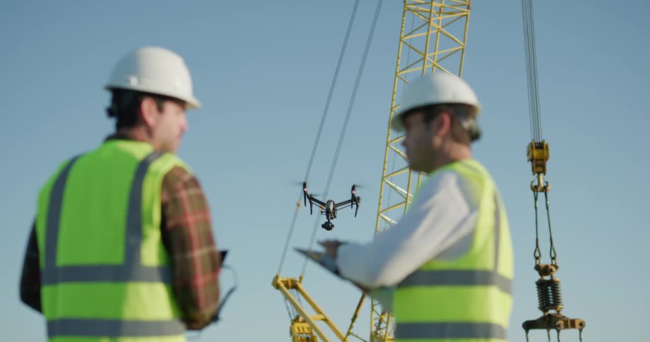 Two construction workers look on their tablets at drone footage as they stand at a construction site