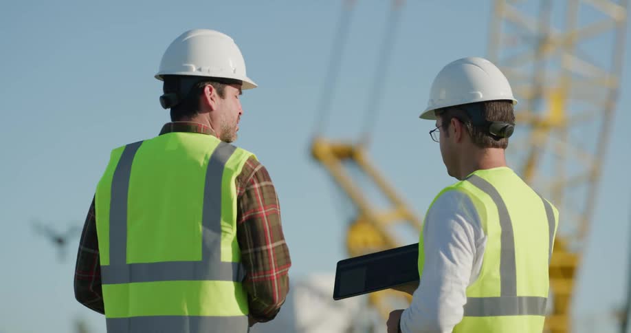 Two construction workers using a drone on a construction site