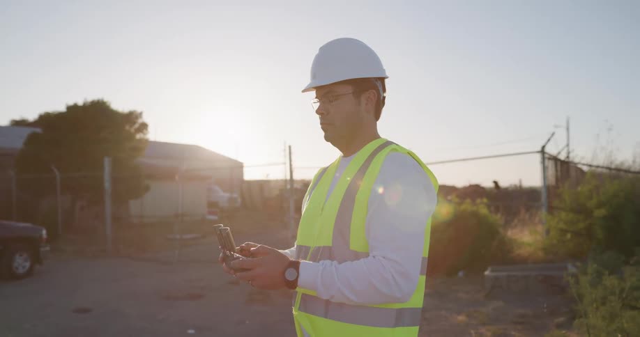 A man in a hard hat and vest looks up towards the sky as he uses a controller