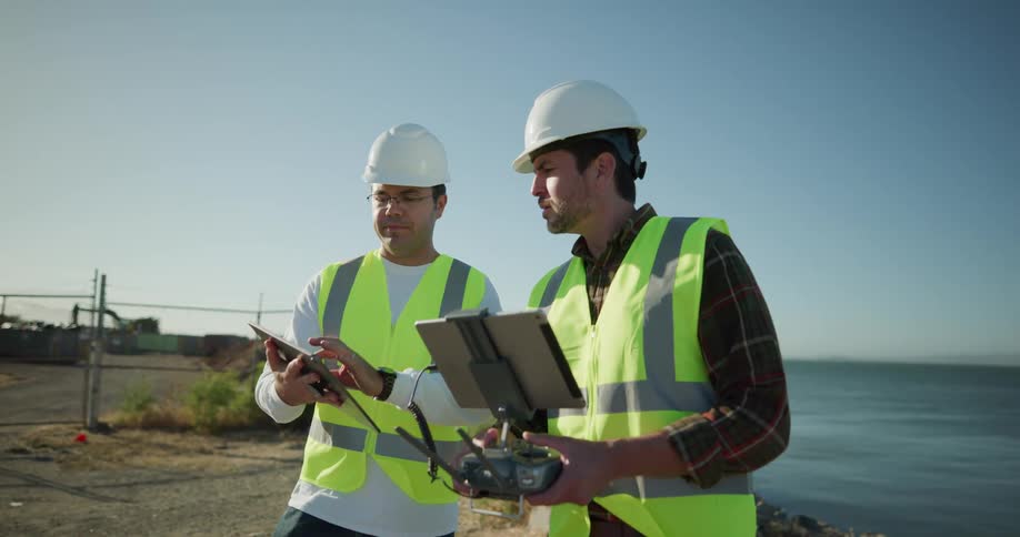 Two construction workers outside talking with paper work near a river