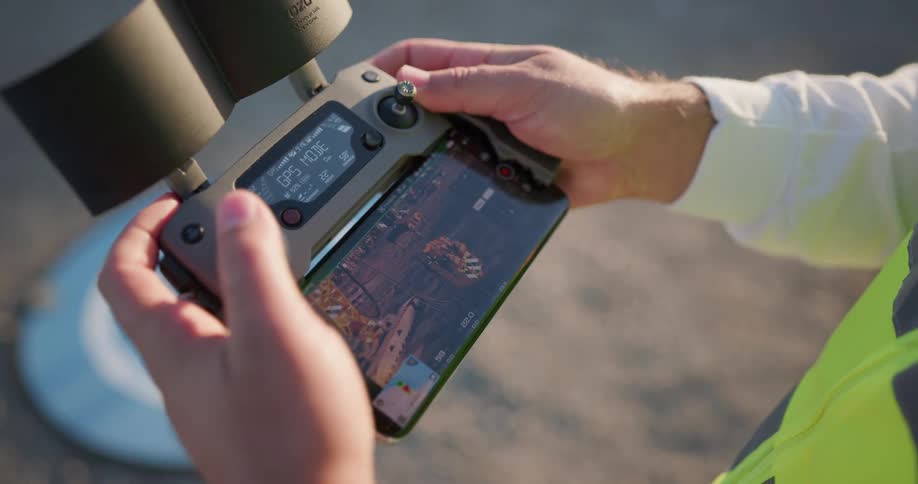 A man is holding a drone controller with video on it