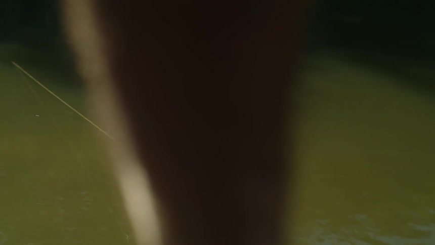 A person fly fishing on the green waters of a lake