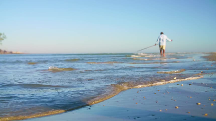 A person with a rod walking on the beach with sand and water