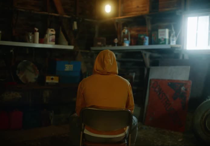 Person wearing yellow hoodie sits in metal chair in garage near window