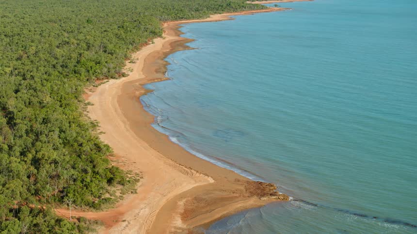 Calm waves crash onto a remote beach surrounded by lush green trees