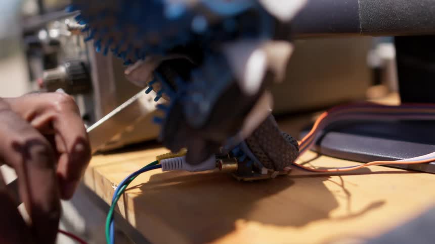 A man plugs cables in