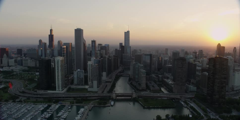 A large city at sunset