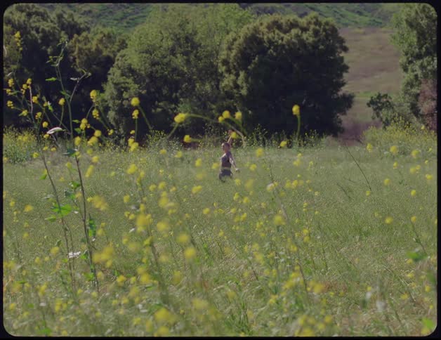 A woman dancing in a grassy field with flowers in the foreground and trees in the background