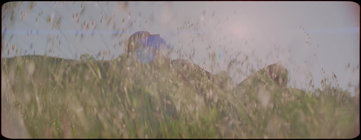 A woman lies facing the sky in a field of tall grass during the day
