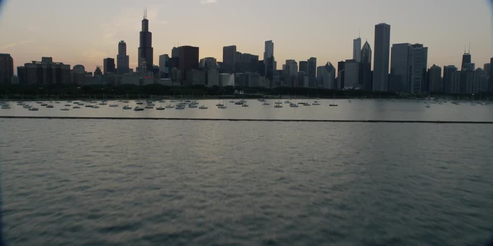 A city skyline at sunset