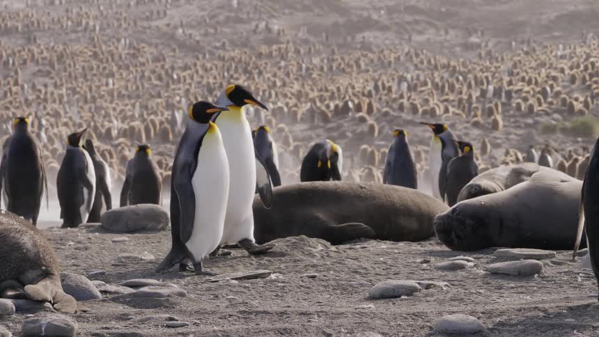 A pair of penguins walk past seals lying on the ground and other penguins standing around