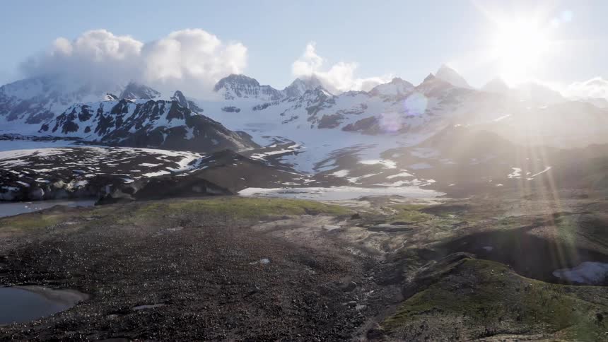 Aerial view of the mountains and valley with water