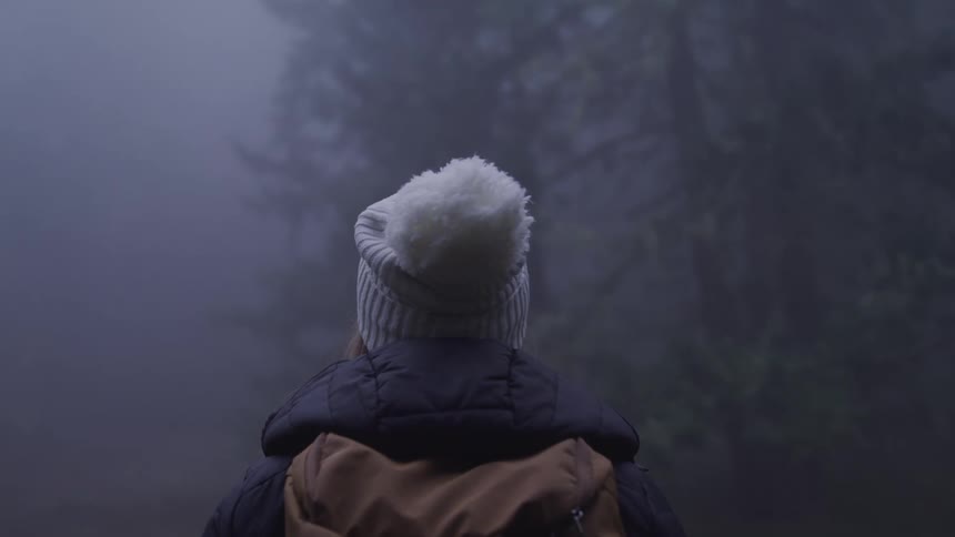 A woman is hiking through the woods