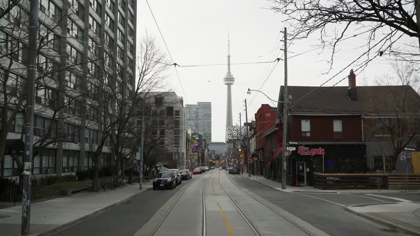 Tram rails along the empty street and during the lockdown