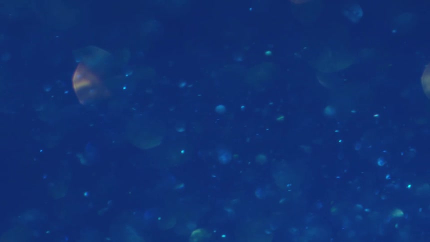 Within a flowing blue fluid small amounts of light refract of suspended droplets of liquid