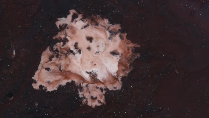 Flowing brown and white paint on a black surface